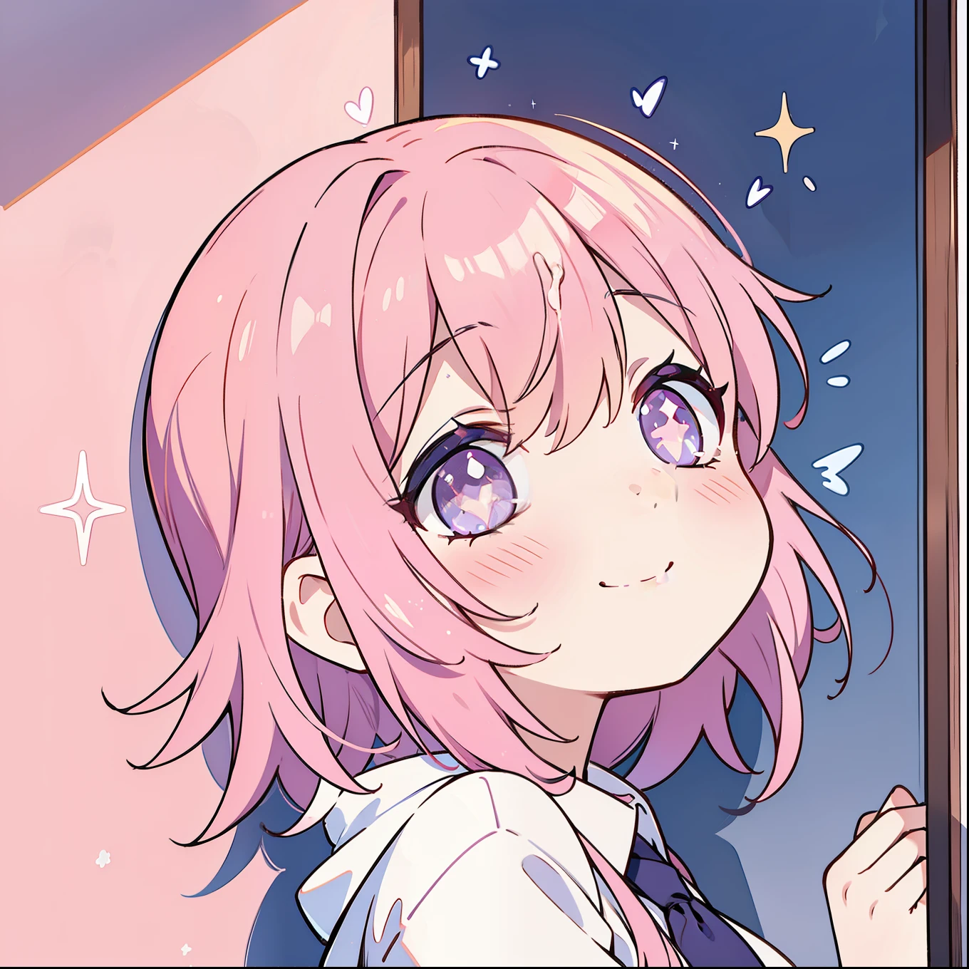 change, Pink Hair, Purple eyes, Cum in mouth, Stuck in the wall, Blowjob, Happy, Sparkling eyes
