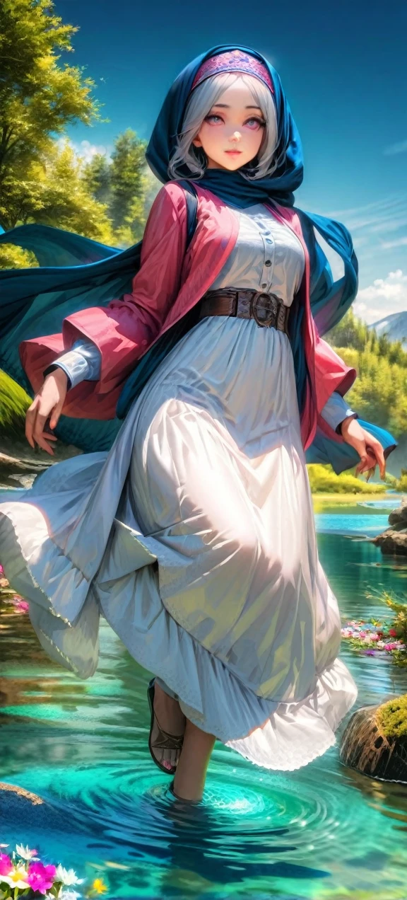 High quality, ultra realistic,absurdres, highres, ultra detailed, HDR, masterpiece, extremely detailed , beautiful colorful flowers , light blue lake , glowing , beautiful muslimah outfit chibby girl on lake , hijab,