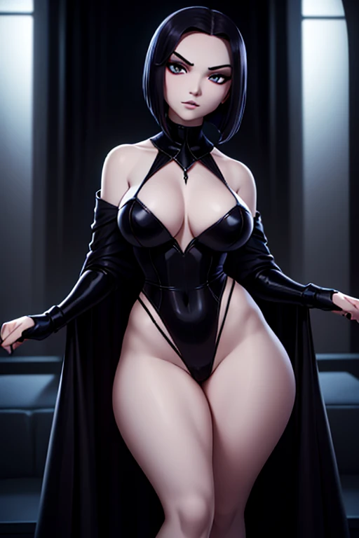 (High quality: 1.3), cinematic shot, masterpiece, (sharp focus: 1.5), (photorealistic: 1.3), full body portrait of (a beautiful young woman sexy, pale skin, gothic, still proud and fierce, straight black short bob hair, dark look, dressed in a highly detailed lingerie, dark atmosphere, but sculpting the shapes in sharp chiaroscuro), is night, (highly detailed skin), (detailed face), detailed background, dark lighting, twilight lighting, volumetric lighting, complex details, UHD, big sexy thighs, eyes looking seductively forward, big perfect, hourglass body shape, hyper sexualized, 