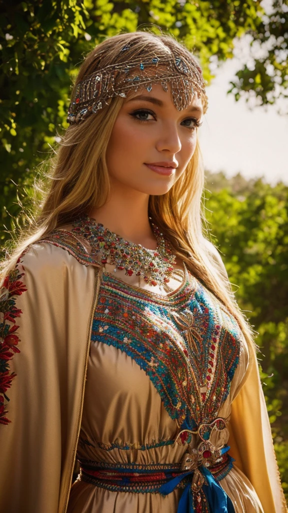 Beautiful cute German blonde, perfect face, robe kabyle, bijoux, Berber style, kabyledress, robe, amazigh, nature blured background 