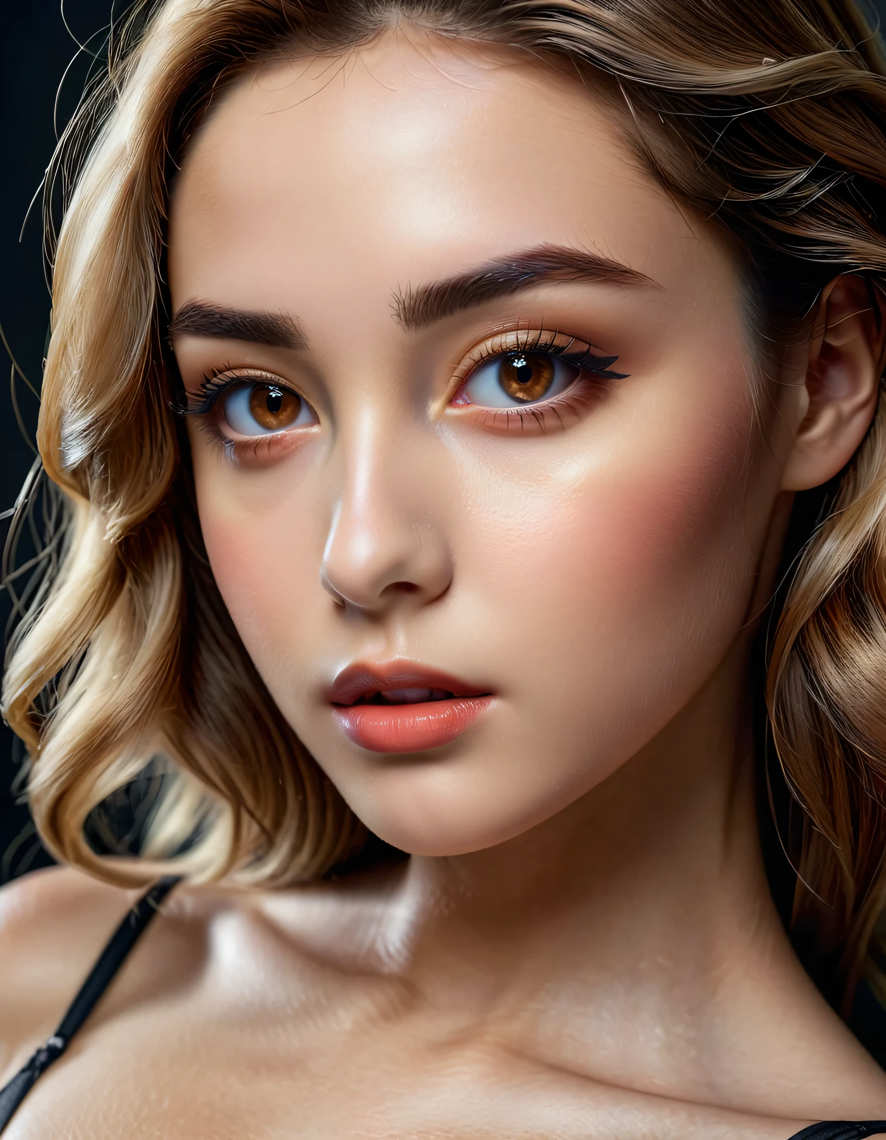 photorealistic Realism 8K, 16K Quality, (ultra absurd quality, extremely detailed detail, hyper resolution, clear sharp focus, not blurry, (Realistic brown_eyes:1.35)), ((perfect dark_eyeshadows:1.45)), (super Detailed, beautiful little nose:1.2), (perfect composition), Depth of field, cinematic light, Lens flare, (extremely beautiful face, beautiful lips , Beautiful eyes), Intricate detail face, best high quality real texture skin:1.3, A woman with velvety skin:1.33), ((best high quality real texture hair)), (short blonde hair, (wavy, combed up, behind the ear), extremely detailed:1.38)), photo of the most beautiful artwork in the world, professional majestic (photography by Steve McCurry), 8k uhd, dslr, soft lighting, high quality, Fujifilm XT3 sharp focus, f 5.6, dramatic, (Anatomically correct perfect proportions), ((perfect hands:1.2)), (Super beautiful face: 1.33), ((perfect female body:1.4)), cute girl, ((firm and full breasts)), (the most absurd quality perfect eyes:1.35), ((super beautiful cute sharp-face)), (light pale complexion), transparent color pvc (Super Shiny Transparent Fluorescent Hologram Colorful PVC Soft Full Bodysuit:1.3) , Ultra-tight fit bodysuit with super reflective surfaces, ((Upper body to knee shot:1.25)),