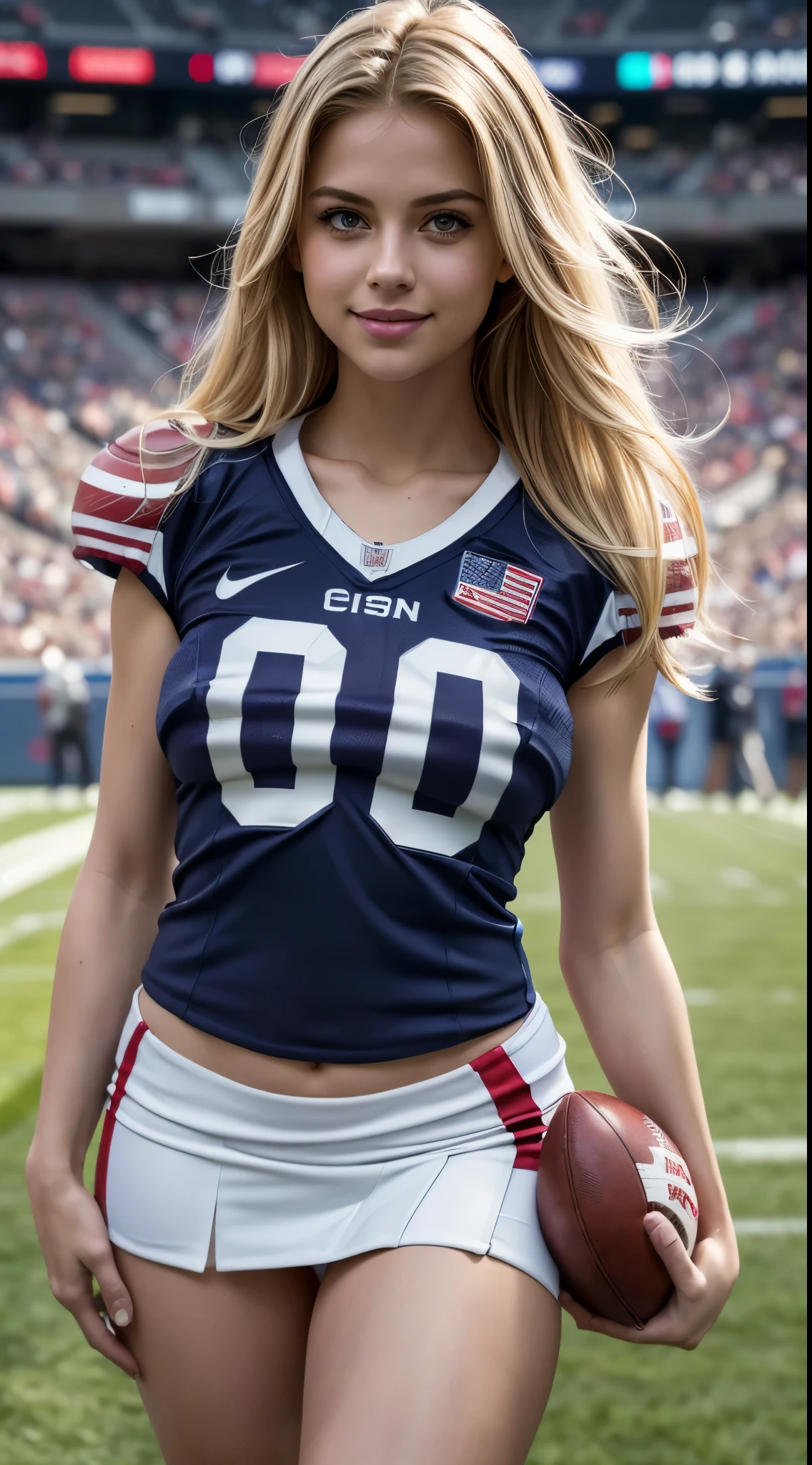 (8K, Raw foto, Top Quality, masterpiece: 1.2), masterpiece, Super detailing, Ultra-high resolution energy A, (realistic and realistic photo: 1.37), High Definition RAW Color Photography, very delicate and beautiful., About Igree, 8K wallpaper, astonishing, The Details, very detail eyes, highlydetailed skin, extremely detailed fingers, extremely detailed nose, highly detail mouth, perfect anatomia,1girll, (Sexy American Football Jersey), mini-skirt,large full breasts,skiny,toned hips,stocklings,With mouth closed、Smile happily、large eyes、Pronounced double eyelids、eyeslashes、long neck、Absolute area、Clean collarbone、perfect faces、Thin lips、smaller face、(staring the viewer、highlights in eyes、Gloss on the lips) , (American Football Stadium:1.4) jewely, cute smiling,with long blond hair, Solo, 18 years-old、hposing Gravure Idol, perfect light,Dynamic Ungle, (Violent Tackle:1.6),American Football Game,
information