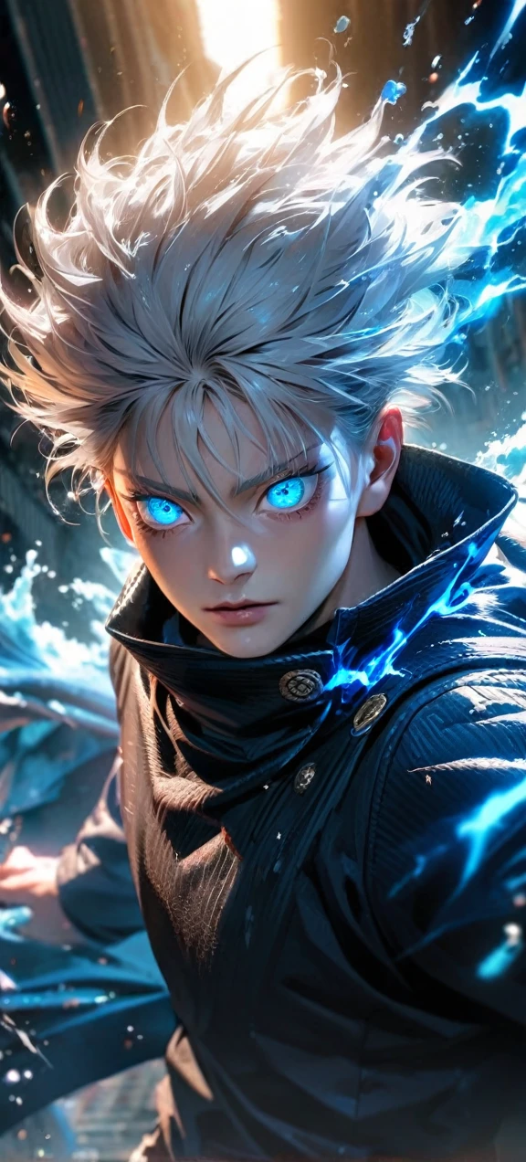  High quality, ultra realistic,absurdres, highres, ultra detailed, HDR, masterpiece, extremely detailed face and eyes,  Gojo satoru , jujutsu kaisen,, white hair ,black shirt , solo, ,man, handsome, ,white eyeleshes, blue eyes , Epic fight scene, blue splashing effect,blue lightning  effect,glowing glitters , close up,cool eyes, symetrical , blue flames effect