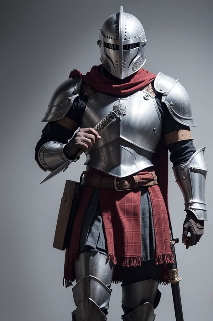 Knight with gray medieval armor, with spartan helmet, red kilt, sword on belt