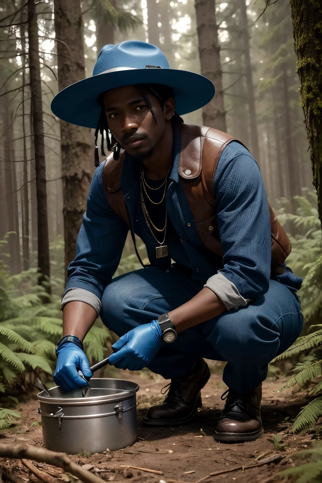 a dark-skinned detectorist in a blue fisherman's hat digging near a tree in a dark forest, a buried treasure near the place where he was digging with his detector lying on the ground
video with 8k image ultrarealistic and futuristic cyborgian photo