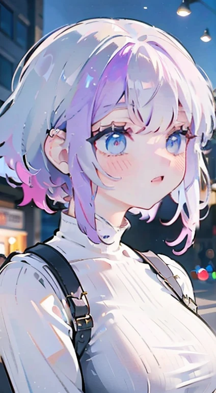 a girl with white and purple ombre hair, wearing high-waisted jeans, detailed portrait, realistic, cinematic lighting, intricate details, colorful, stunning, ethereal, photorealistic, 8k, masterpiece