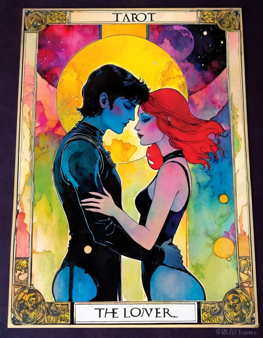 tarot card, a card, card : "THE LOVERS", tarot card frame,vivid colors (art inspired by Bill Sienkiewicz).
