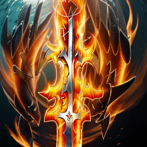 ((A giant holy long sword,, angelic glyphs and design, fire aura around it)), (blue orange and red colors), in bottom of ocean,Raw photo,ultra realistic, uhd, realistic metal and fire, best quality,16k resolution,vivid colors, luminescent effects