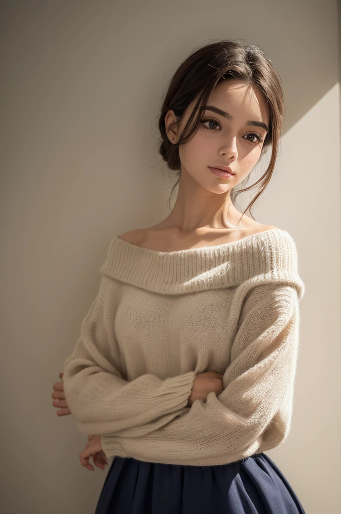((melhor qualidade)), ((Obra de arte)), (detalhado), 1 garota, shoulder to shoulder sweater,