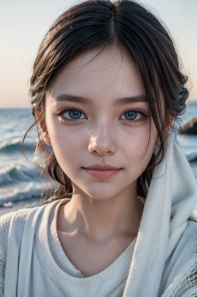 a woman, white sweater, midnight at the beach, perfect face, clear eyes, perfect day, close up, waves in background, [smiling:0.5], 8k, uhd, raw, fujifilm xt3, masterpiece