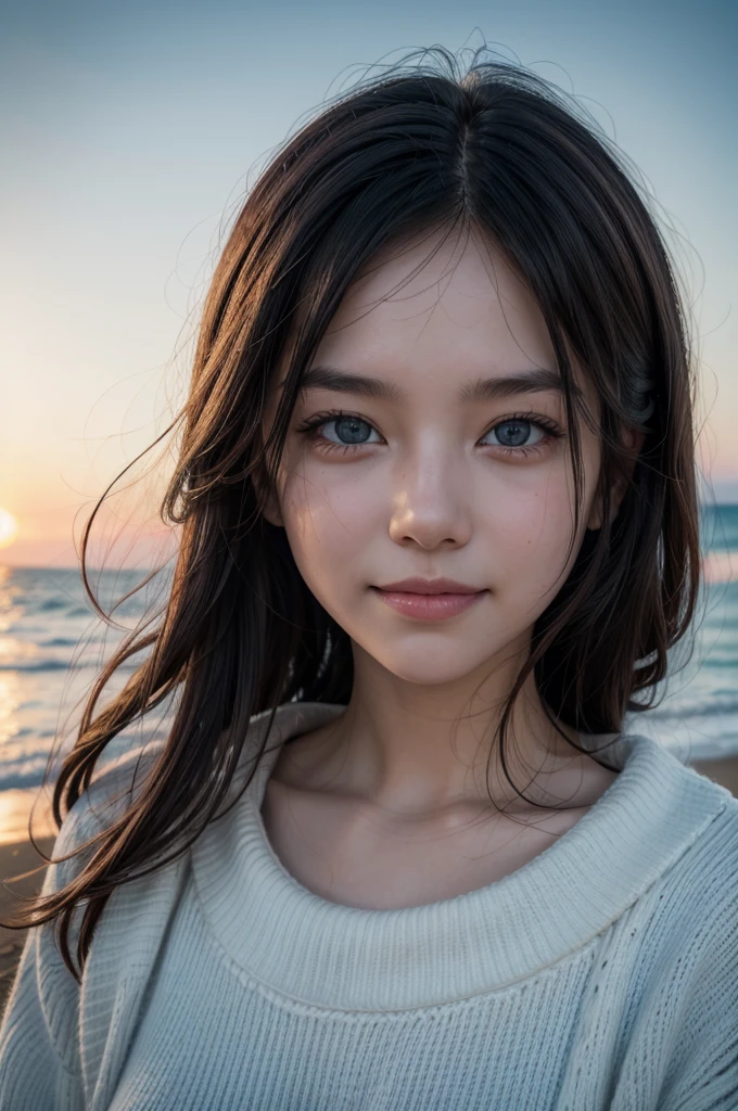 a woman, white sweater, midnight at the beach, perfect face, clear eyes, perfect day, close up, waves in background, [smiling:0.5], 8k, uhd, raw, fujifilm xt3, masterpiece