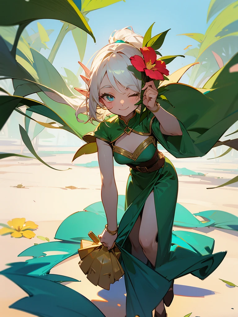 A sweet elf girl, holding a flower in her hand, smiles with her one eye closed, slightly bent over, towards the camera
