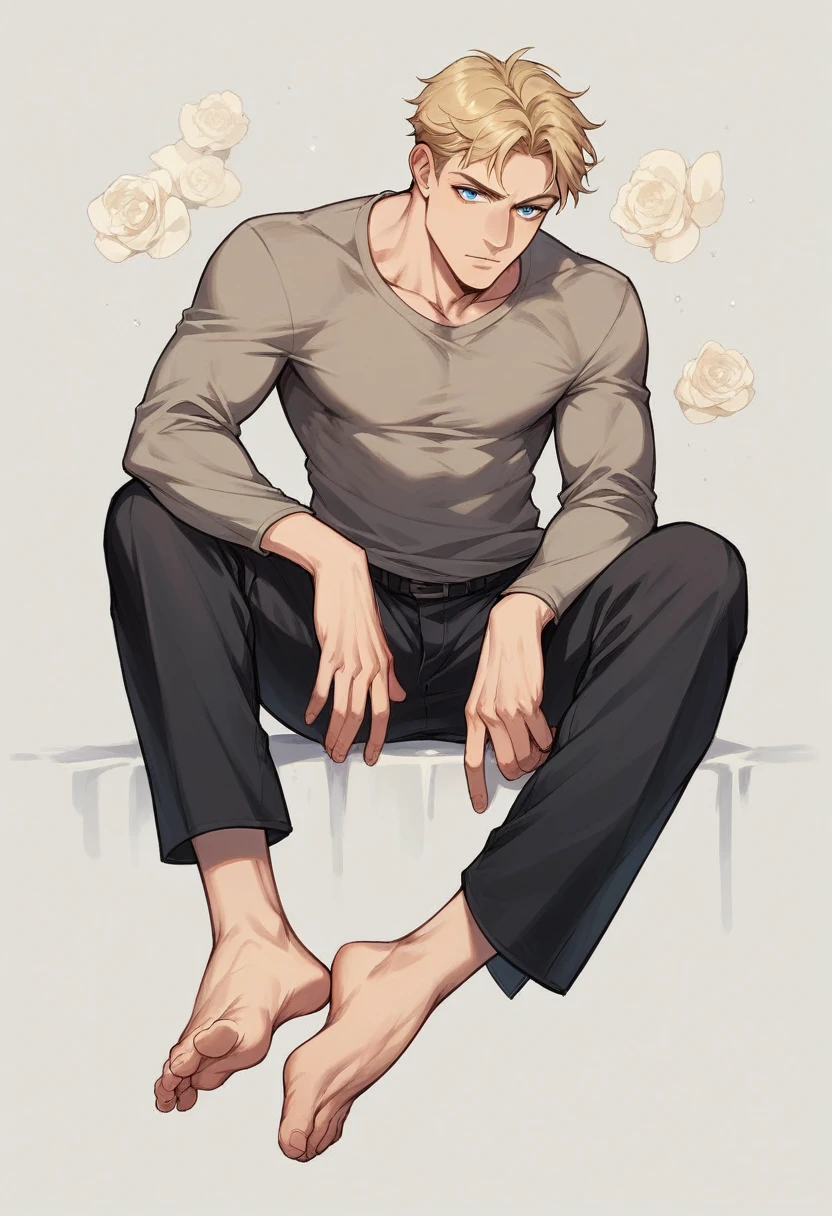 make a realistic 12 year old blonde with blue eyes extremely beautiful in black pants and barefoot farting in a man's face.