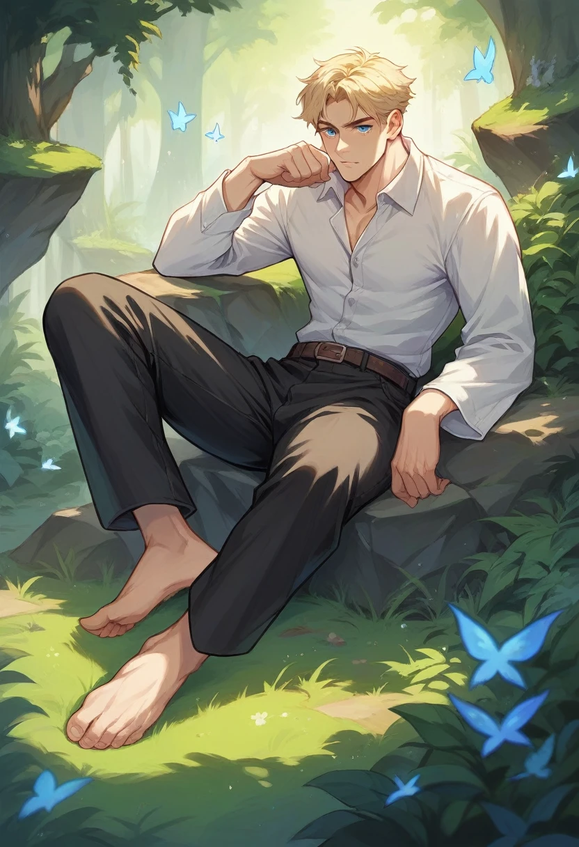make a realistic 12 year old blonde with blue eyes extremely beautiful in black pants and barefoot farting in a man's face.
