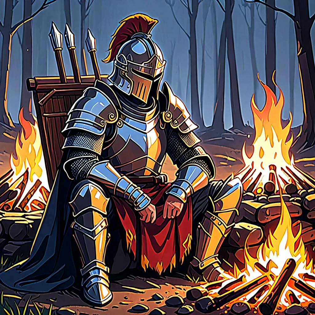 Warrior in armor sitting near a campfire 