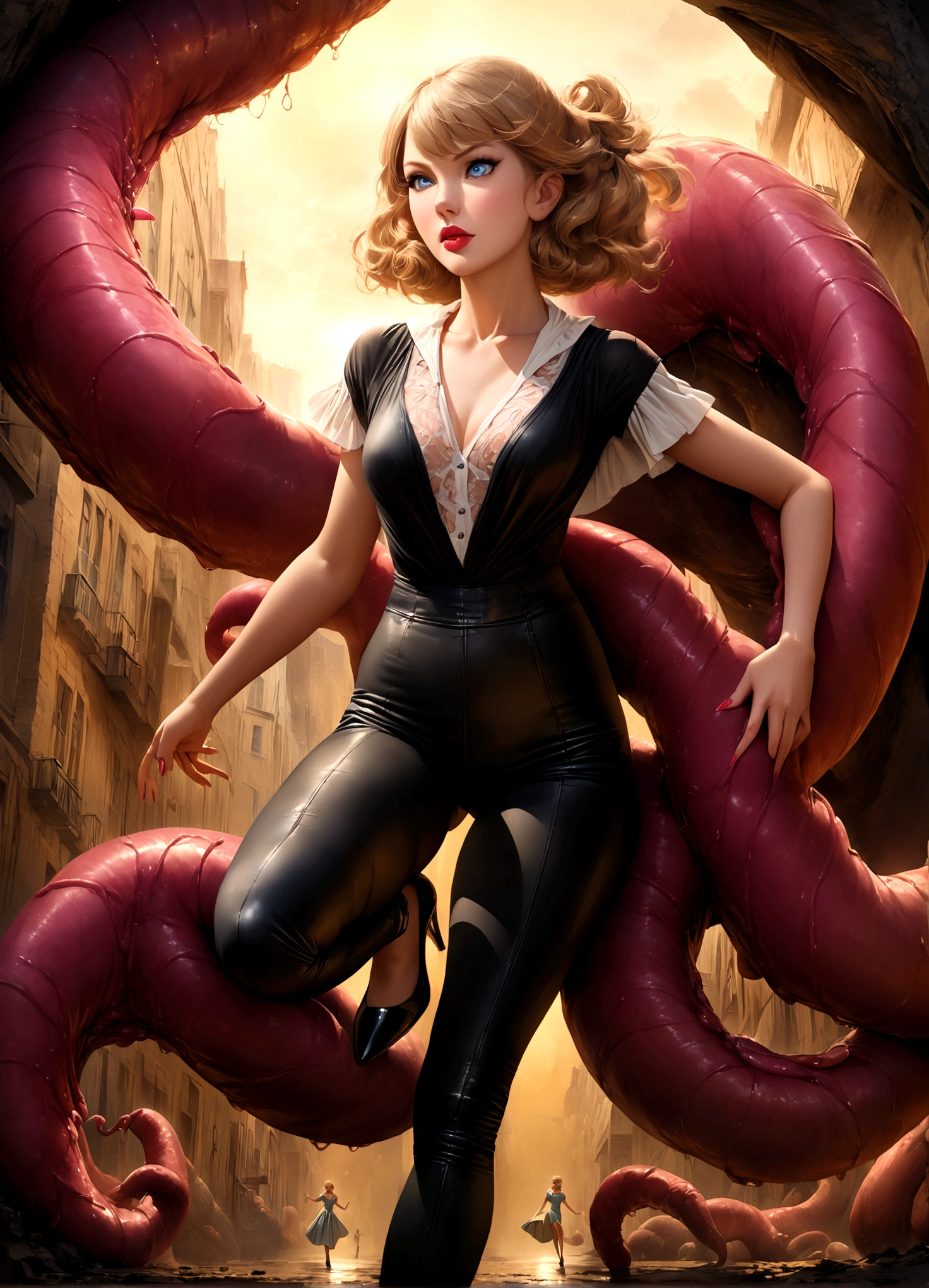 A glamorous 1950s housewife,Taylor Swift,ultra-detailed,photorealistic,beautiful detailed eyes,beautiful detailed lips,extremely detailed face,long eyelashes,tight pants,over exposed blouse,fancy hairstyle,high heels,fleeing from a horny alien tentacle monster,campy style,movie poster,dramatic lighting,vivid colors,surreal,concept art