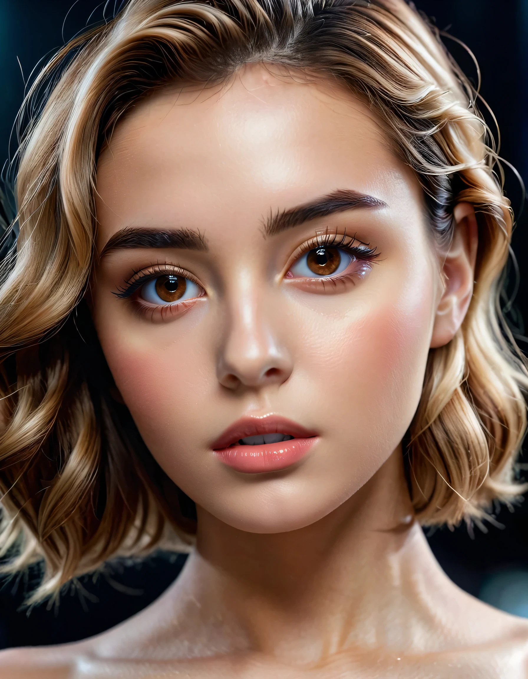photorealistic Realism 8K, 16K Quality, (ultra absurd quality, extremely detailed detail, hyper resolution, clear sharp focus, not blurry, (Realistic brown_eyes:1.35)), ((perfect dark_eyeshadows:1.45)), (super Detailed, beautiful little nose:1.2), (perfect composition), Depth of field, cinematic light, Lens flare, (extremely beautiful face, beautiful lips , Beautiful eyes), Intricate detail face, best high quality real texture skin:1.3, A woman with velvety skin:1.33), ((best high quality real texture hair)), (short blonde hair, (wavy, combed up, behind the ear), extremely detailed:1.38)), photo of the most beautiful artwork in the world, professional majestic (photography by Steve McCurry), 8k uhd, dslr, soft lighting, high quality, Fujifilm XT3 sharp focus, f 5.6, dramatic, (Anatomically correct perfect proportions), ((perfect hands:1.2)), (Super beautiful face: 1.33), ((perfect female body:1.4)), cute girl, ((firm and full breasts)), (the most absurd quality perfect eyes:1.35), ((super beautiful cute sharp-face)), (light pale complexion), transparent color pvc (Super Shiny Transparent Fluorescent Hologram Colorful PVC Soft Full Bodysuit:1.3) , Ultra-tight fit bodysuit with super reflective surfaces, ((Upper body to knee shot:1.25)),