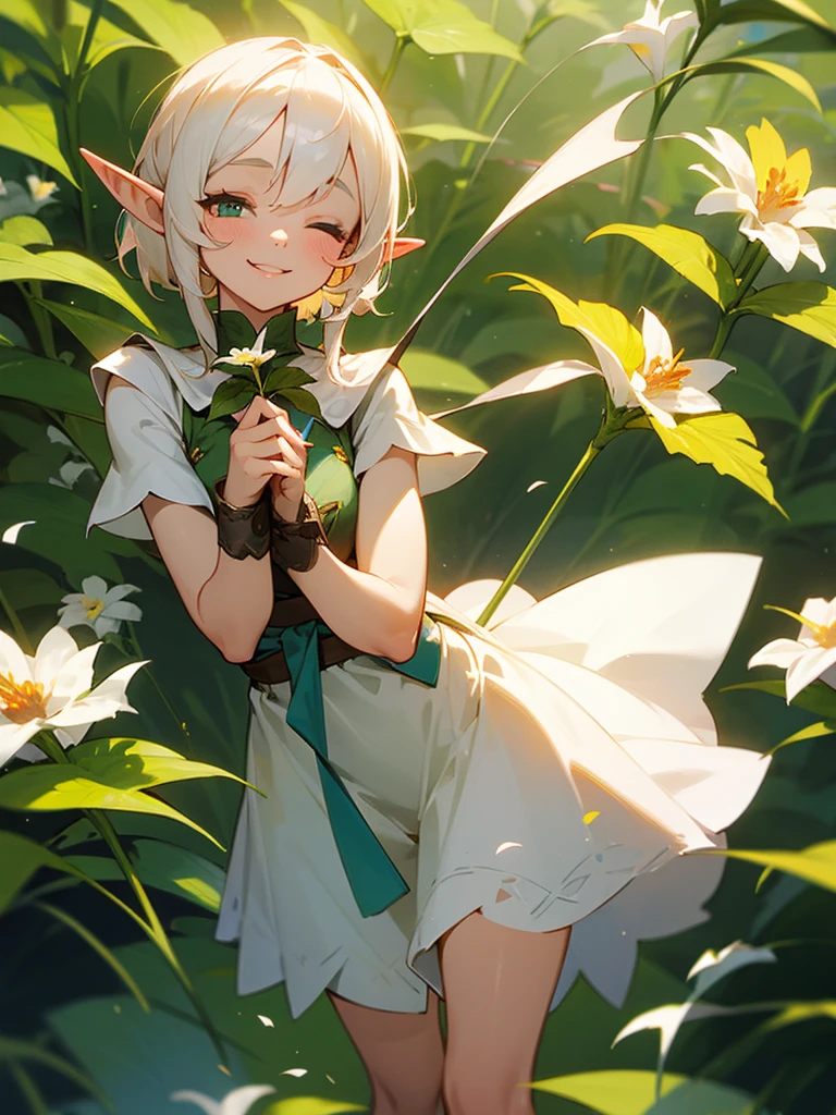 A sweet elf girl, holding a flower in her hand, smiles with her one eye closed, slightly bent over, towards the camera, looks like she's saying thank you