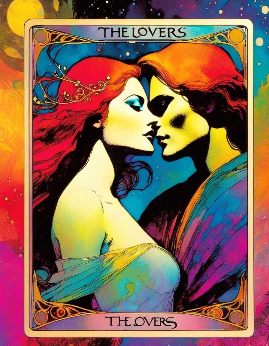 tarot card, a card, card : "THE LOVERS", tarot card frame,vivid colors (art inspired by Bill Sienkiewicz).
