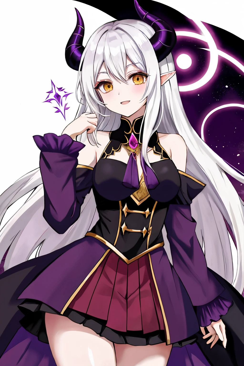anime female warlock with long white hair, amber eyes, purple skin, demon horns,