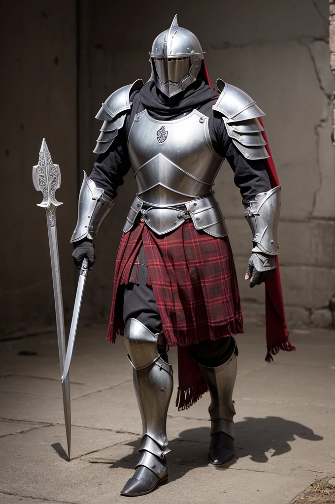 Knight with medieval gray armor, with spartan helmet style, red kilt