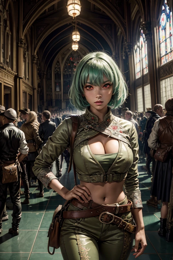 emeraldsustrai, emerald sustrai, short hair, (red eyes:1.5), green hair, dark skin, dark-skinned female, BREAK navel, cleavage, midriff, belt, cleavage cutout, chaps, hands on hips, BREAK inside palace, glass floor, mable pillers, tall stained glass windows, BREAK gala, large crowd, (((crowd in military dress))), (volumetric lighting), intricate details, tonemapping, sharp focus, hyper detailed, (cowboy shot:1.5), BREAK (masterpiece:1.2), best quality, high resolution, unity 8k wallpaper, (illustration:0.8), (beautiful detailed eyes:1.6), extremely detailed face, perfect lighting, extremely detailed CG, (perfect hands, perfect anatomy),