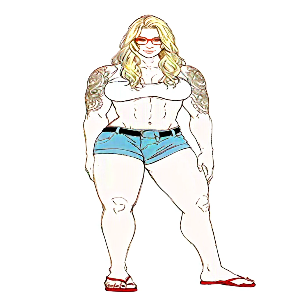 a drawing of a muscular blonde woman with tattoos and a white top, orange glasses, full body portrait of a short!, female full body, full body illustration, detailed full body portrait, full body picture, detailed full body, fullbody portrait, full body female, highly detailed full body, full body details, full body concept, d & d style full body portrait, detailed full body concept