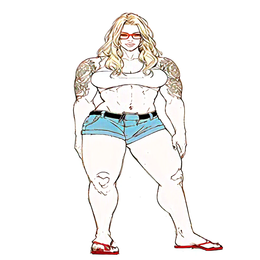 a drawing of a muscular blonde woman with tattoos and a white top, orange glasses, full body portrait of a short!, female full body, full body illustration, detailed full body portrait, full body picture, detailed full body, fullbody portrait, full body female, highly detailed full body, full body details, full body concept, d & d style full body portrait, detailed full body concept