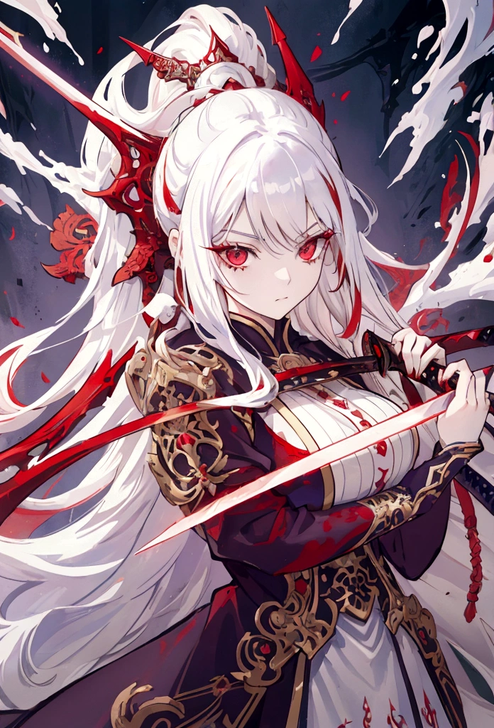 a woman with white hair and red streaks, neutral facial expression, detailed red eyes, holding a large ornate purple sword, detailed eyes, extremely detailed sword, cinematic dramatic lighting, fantasy, concept art
