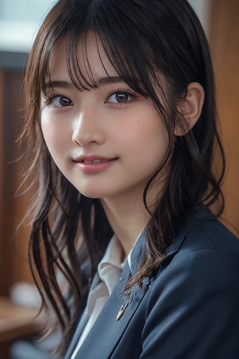 ((Upper Body))、(masterpiece:1.3), High resolution, Very detailed, Very detailed CG Unity 8k 壁紙, Realistic, photo-Realistic, RAW Photos, Beautifully detailed face, Pale skin, Realistic glistening skin, Detailed cloth texture, Detailed hair texture, Perfect Style, Beautiful Face, Accurate, Anatomically correct, Very detailed顔と肌の質感, fine grain, Brown eyes, double eyelid, Thin eyebrows, (Droopy eyes:0.65), (Glitter Eyeliner:1.2), Natural Cheeks, Shiny skin, (Fair skin:1.2), (Glossy Lips: 1.4), 
break
 (Classy and cute girl:1.3), (High ponytail hairstyles, Wavy Hair, Dark brown hair), (Captivating smile:1.2) (Wear an elegant business suit:1.3), (Black Stockings), Baby Face, front , 体もfrontを向いている