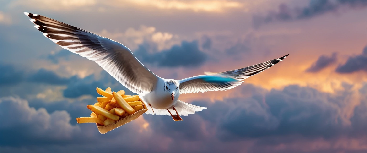 Seagull flying through the sky with a single french fry in its mouth, intricately detailed wings, photorealistic like nature, 8K, ultra-detailed, cinematic lighting, vibrant colors, dramatic composition, stunning natural scenery, golden hour lighting, dramatic clouds, soft focus, highly detailed background