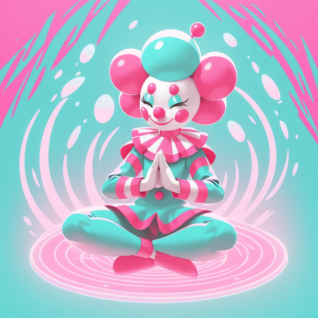 A mime that looks more like a clown in white bright-pink and teal meditating in a way that causes pain to creatures, in card art style