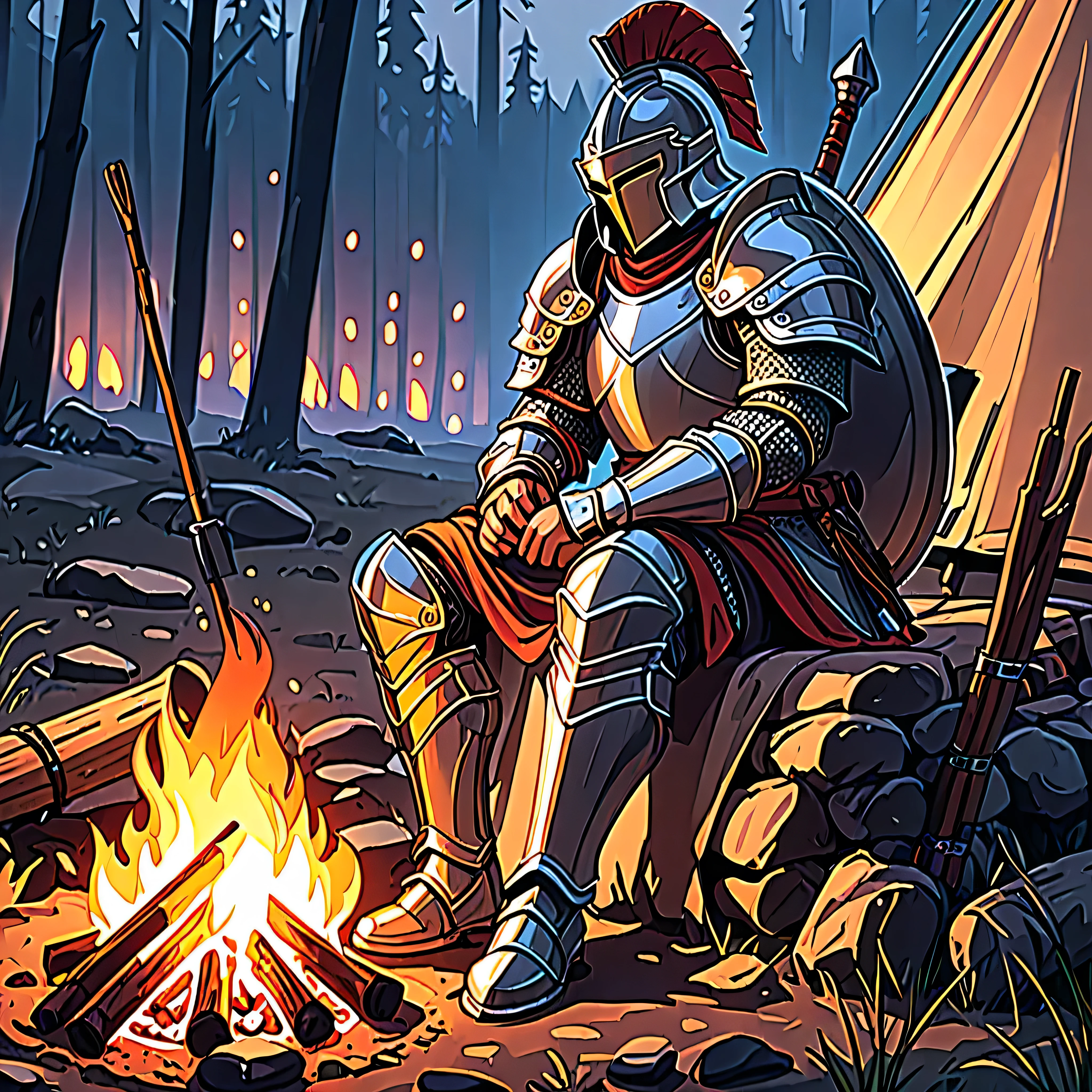 Warrior in armor sitting near a campfire