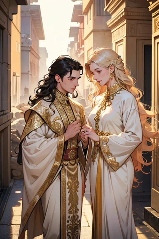 a charming two male and woman in love, male gay couple, the ancient city of Pompeii. One, with golden, long, curly hair, donned in opulent white traditional attire. the other, with short, black, curly hair, reflecting a humble background, Perfect face, perfect body, cinematic, 4k. emotional