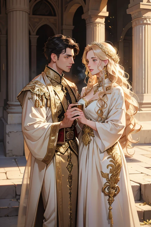 a charming two male and woman in love, male gay couple, the ancient city of Pompeii. One, with golden, long, curly hair, donned in opulent white traditional attire. the other, with short, black, curly hair, reflecting a humble background, Perfect face, perfect body, cinematic, 4k. emotional