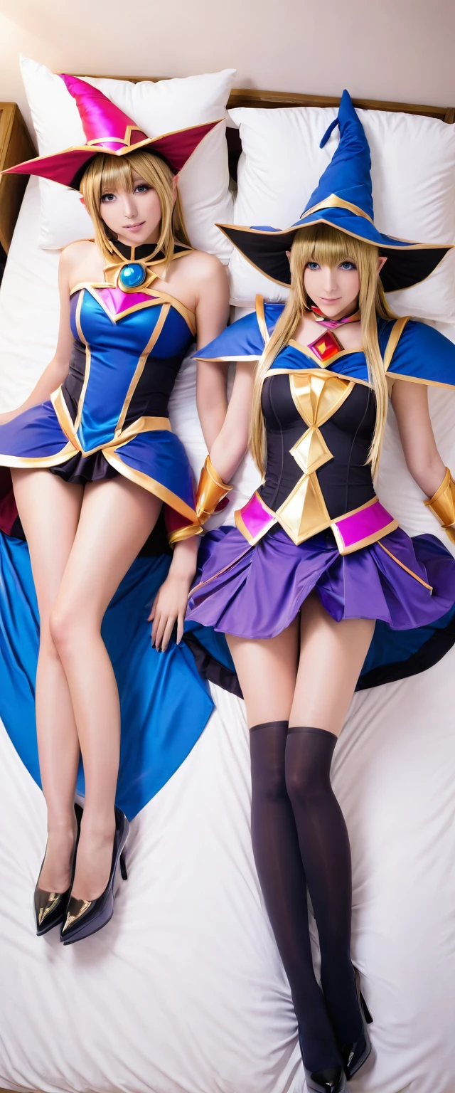2 girls, 2 dark magician girl cosplays, realistic, dakimakura, high heels, Best quality, masterpiece