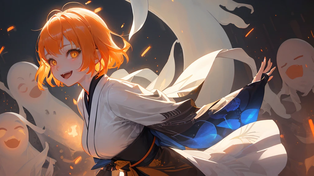 A cool adult woman wearing a white kimono、1 person、Hundreds of ghosts appear at night、Horror、Orange brown short hair、Yellow Eyes、Gloss、Gloss、Fight、A cheerful smile、Shibuya Background、Glare、won'Do not touch、Bold Pose