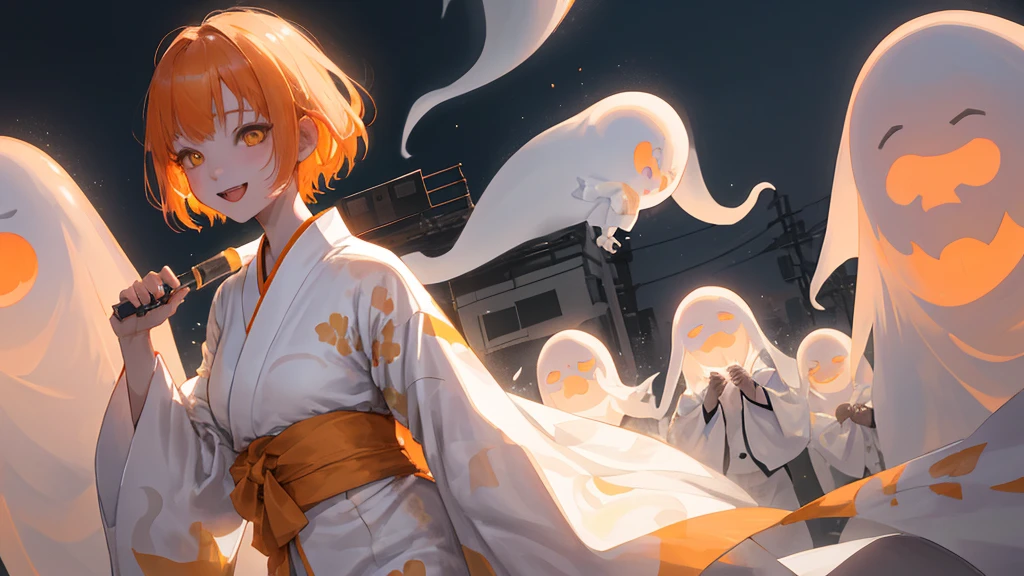 A cool adult woman wearing a white kimono、1 person、Hundreds of ghosts appear at night、Horror、Orange brown short hair、Yellow Eyes、Gloss、Gloss、Fight、A cheerful smile、Shibuya Background、Glare、won&#39;Do not touch、Bold Pose