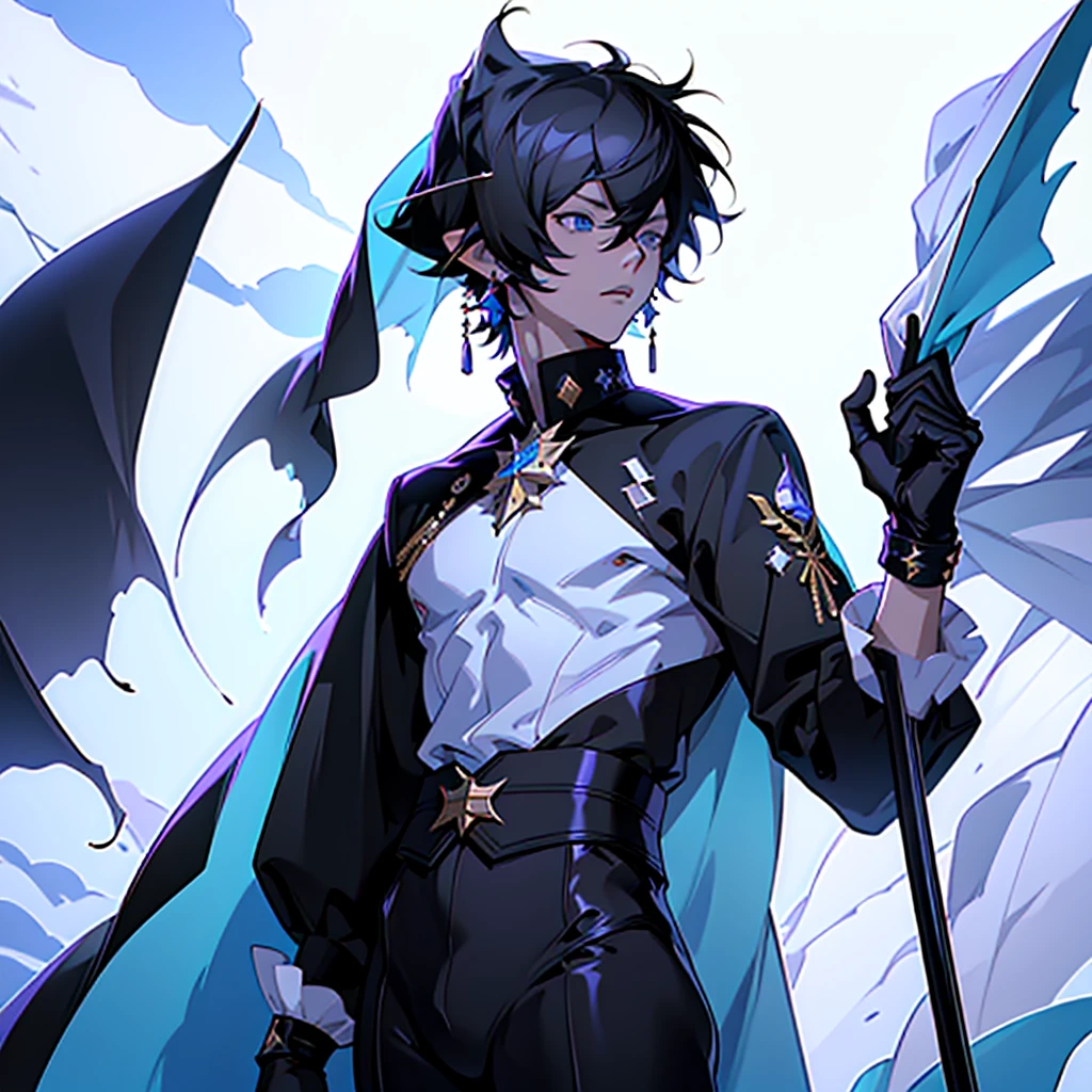 ((top-quality)), ((masterpiece)), ((ultra-detailliert)),(8k wallpaper:1.2),(Ultra-high resolution:1.2),(masterpiece:1.1),wallpaper,High quality,(High detail),(absurdres, highres, ultra detailed),( best quality:1.2),Anime boy, BLACK AND WHITE PALLETE, black boy, alien clothes, modern, Slim and tall, character design, a man, dark style,full body, Black hair with white forbitem, Crystal gem boy, punk, black clothes with a white star, item guitar, cape, emperor of Gem empire, holding a kopesh, character design of Steven Universe oc, character design for a game,bushy short hair, absolutely stunning art,white background, simple background, extremely detailed, highest quality digital art, highest resolution, HD quality, wallpaper 8k