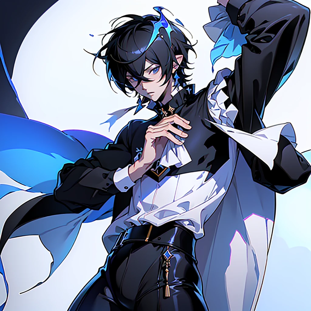 ((top-quality)), ((masterpiece)), ((ultra-detailliert)),(8k wallpaper:1.2),(Ultra-high resolution:1.2),(masterpiece:1.1),wallpaper,High quality,(High detail),(absurdres, highres, ultra detailed),( best quality:1.2),Anime boy, BLACK AND WHITE PALLETE, black boy, alien clothes, modern, Slim and tall, character design, a man, dark style,full body, Black hair with white forbitem, Crystal gem boy, punk, black clothes with a white star, item guitar, cape, emperor of Gem empire, holding a kopesh, character design of Steven Universe oc, character design for a game,bushy short hair, absolutely stunning art,white background, simple background, extremely detailed, highest quality digital art, highest resolution, HD quality, wallpaper 8k