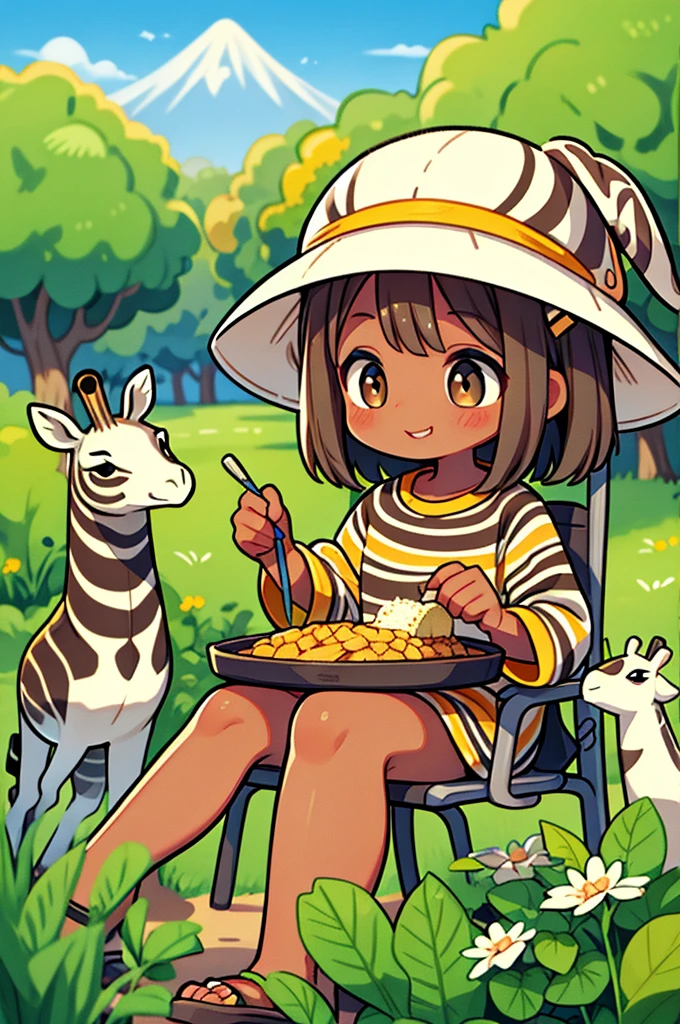 Safari tourism、Zebra and Giraffe、A girl eating Guinea food、Happy Face、Guinea clothes and hats、Brown Skin、masterpiece、Highest quality、Best image quality
