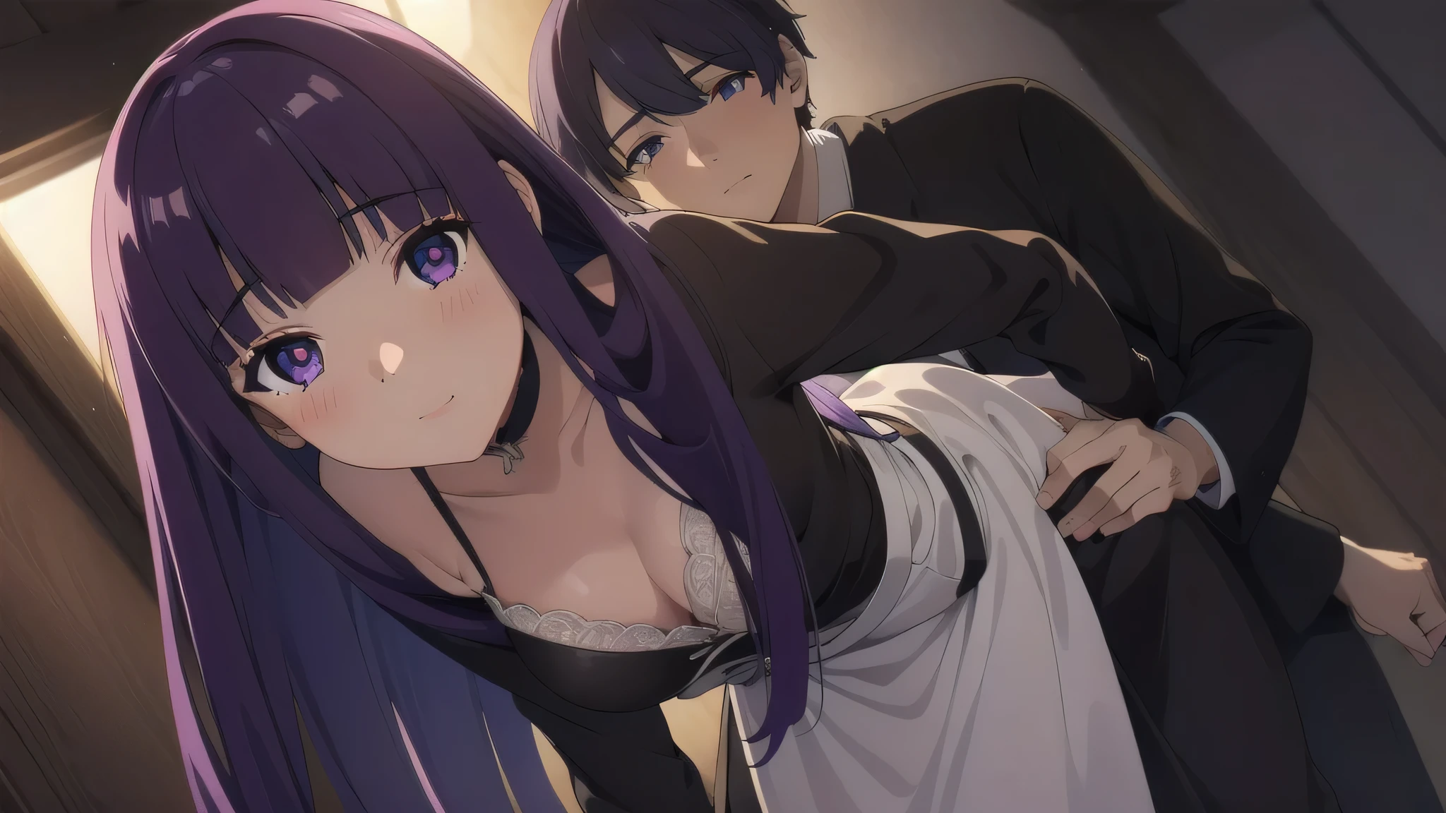 NSFW,(((1girl,1boy,sex from behind ,vaginal,clothed))),,Purple hair,Long Hair,Purple eyes,Blunt bangs,Side Lock,Half Up,Bright Eyes,white lace bra,
hair ornaments,Ruffled collar,Black Robe,White Dress,Center frill,button,Wide sleeves,Long sleeve,Curvy,Cowboy Shot,, Amazing visuals, High resolution,masterpiece,Highest quality,, 20-year-old,young woman,Beautiful refers to,Beautiful long legs,Beautiful body,Beautiful nose,Beautiful character design, Perfect Eyes, perfect face,Expressive eyes,
View your viewers,
Official Art,Highly detailed CG Unity 8k wallpaper, Perfect lighting,colorful, bright_front_face_Lighting,Shiny skin, 
(masterpiece:1.0),(Highest_quality:1.0), 超High resolution,4K,Super detailed,
photograph, 8k, High resolution, High resolution, Absurd:1.2, 400 for Kodak Port, Film Grain, Blurred Background, Bokeh:1.2, Lens flare, (Vibrant_color:1.2), (beautiful_face:1.5),(narrow_Waist), ,Browsing Caution,