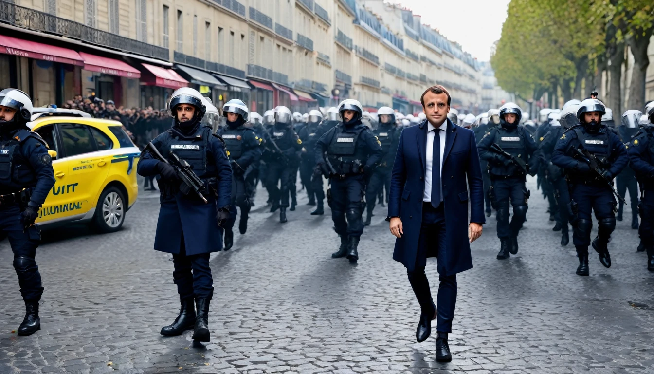 President macron france self-murder suicid autentique avec le mit ecrit 49.3 en gros 49.3 hud script style uban revolte giler jaune manifestation france fight with cops uhd ultra definition hd