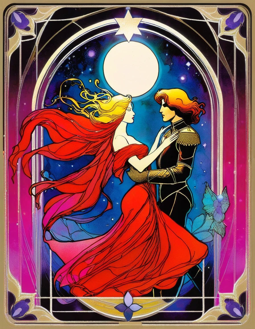 tarot card, a card, card : "THE LOVERS", tarot card frame,vivid colors (art inspired by Bill Sienkiewicz).