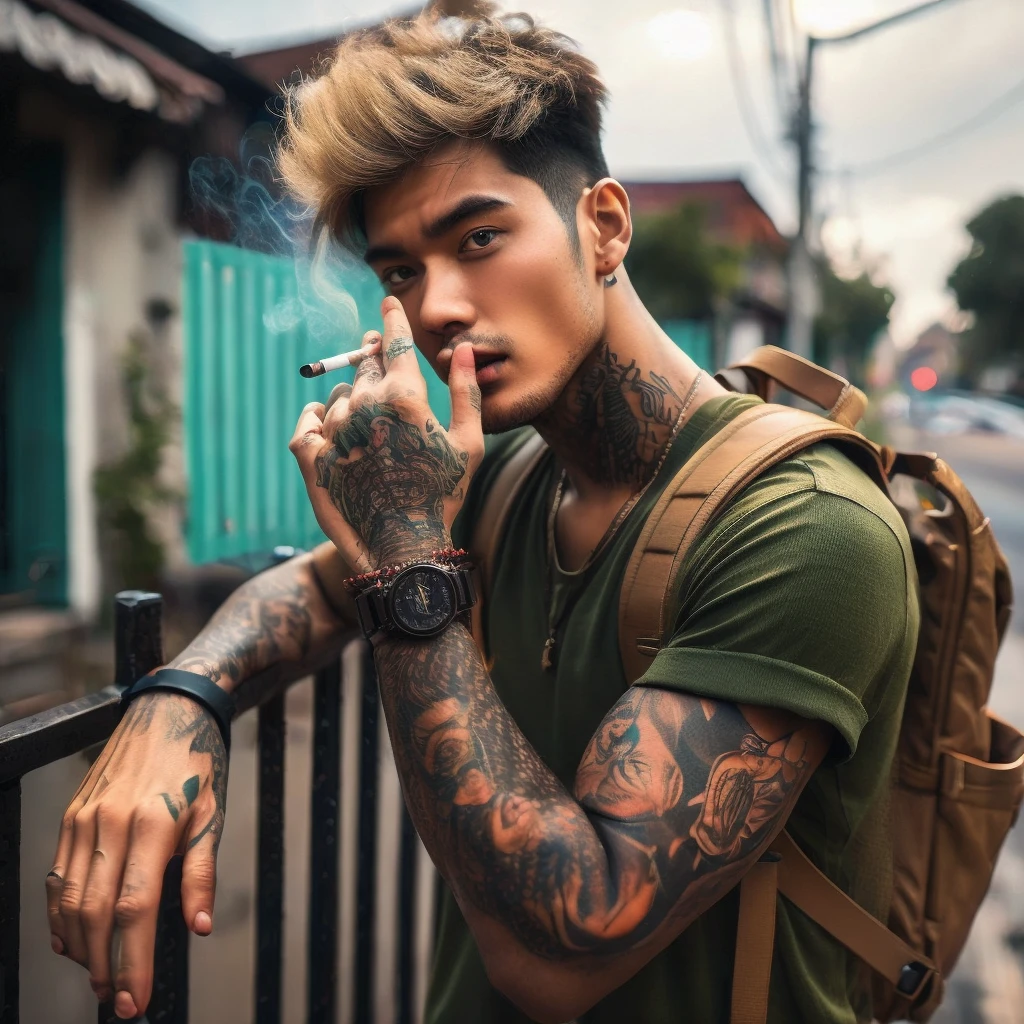 Fullbody shot of a Indonesian man tattoed in arms with black and blonde short hair in green shirt leaning on the fence while smoking, carrying a mini backpack, gaze at the camera, high quality portrait, editorial photography, casual photography, profile picture 1024px, photography alexey gurylev, raphael personnaz, daniel dociu, photo portrait, inspired by Elsa Bleda, mid shot portrait, editorial photograph, jakub rebelka, joel fletcher