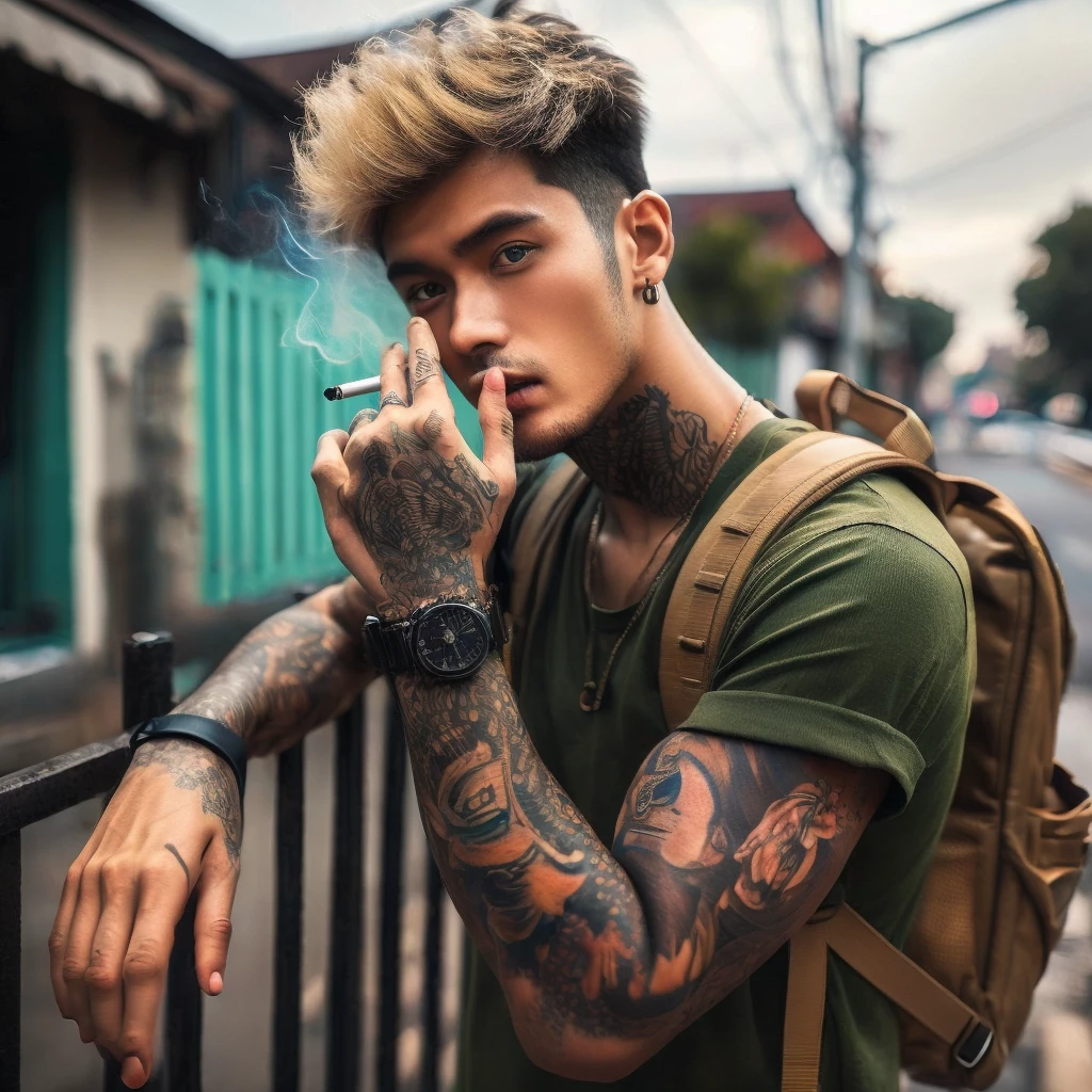 Fullbody shot of a Indonesian man tattoed in arms with black and blonde short hair in green shirt leaning on the fence while smoking, carrying a mini backpack, gaze at the camera, high quality portrait, editorial photography, casual photography, profile picture 1024px, photography alexey gurylev, raphael personnaz, daniel dociu, photo portrait, inspired by Elsa Bleda, mid shot portrait, editorial photograph, jakub rebelka, joel fletcher