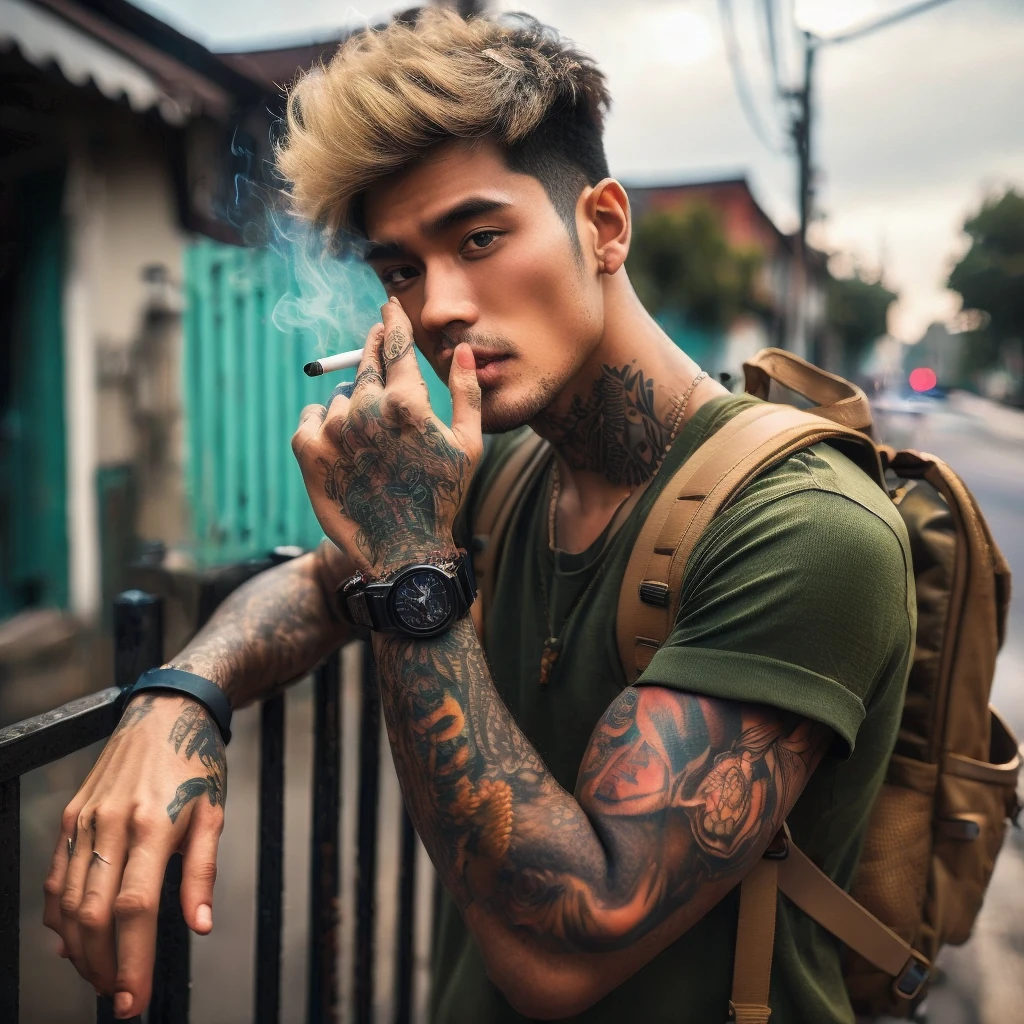 Fullbody shot of a Indonesian man tattoed in arms with black and blonde short hair in green shirt leaning on the fence while smoking, carrying a mini backpack, gaze at the camera, high quality portrait, editorial photography, casual photography, profile picture 1024px, photography alexey gurylev, raphael personnaz, daniel dociu, photo portrait, inspired by Elsa Bleda, mid shot portrait, editorial photograph, jakub rebelka, joel fletcher