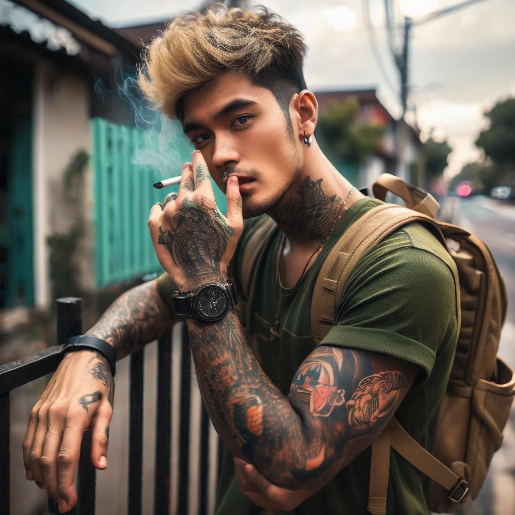 Fullbody shot of a Indonesian man tattoed in arms with black and blonde short hair in green shirt leaning on the fence while smoking, carrying a mini backpack, gaze at the camera, high quality portrait, editorial photography, casual photography, profile picture 1024px, photography alexey gurylev, raphael personnaz, daniel dociu, photo portrait, inspired by Elsa Bleda, mid shot portrait, editorial photograph, jakub rebelka, joel fletcher