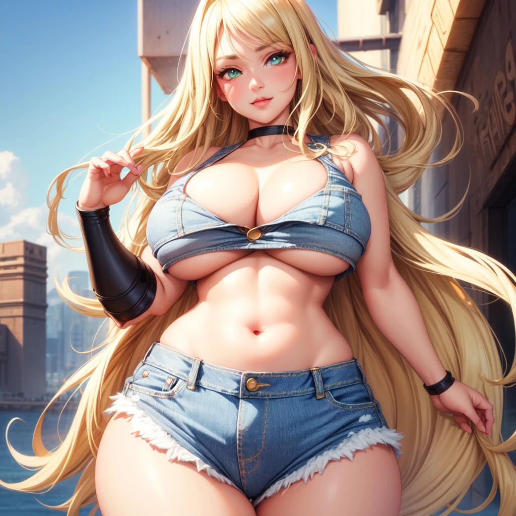 One girl, solo, Big round breasts, clevage, curvy body, realistic, blonde hair, light green eyes, amazing big eyes, eye details, eyebrow details, white crop top, denim skirt, big lips, blush, smirk, HD, good quality, crop top, curvy,