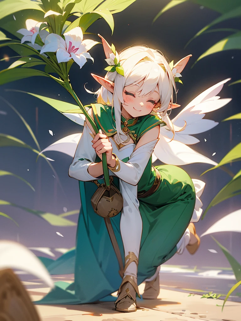 A sweet elf girl, holding a flower in her hand, smiles with her eyes closed, slightly bent over, towards the camera
